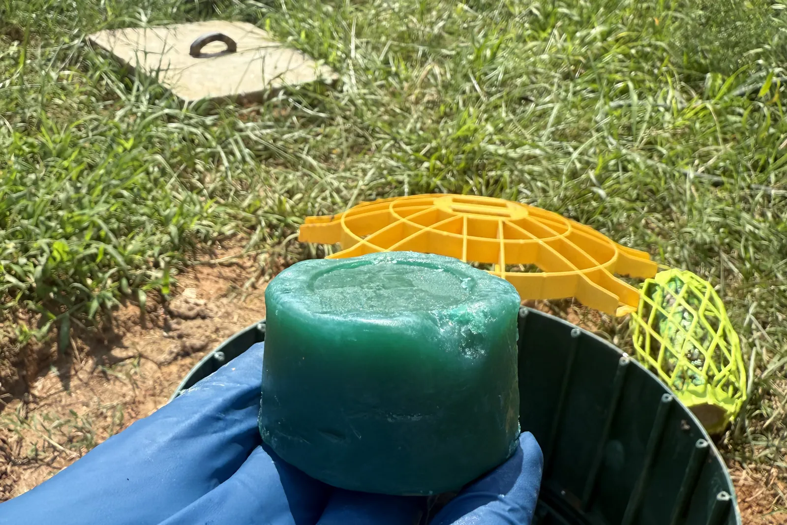 Bacteria treatment held in front of an open septic riser during a maintenance visit