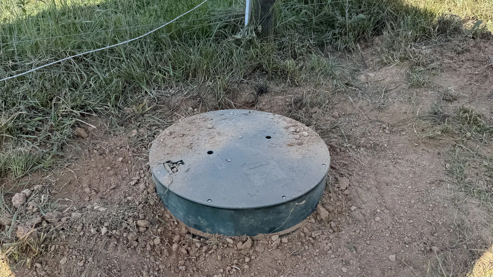 Single septic riser lid sitting flush with the ground in a pasture